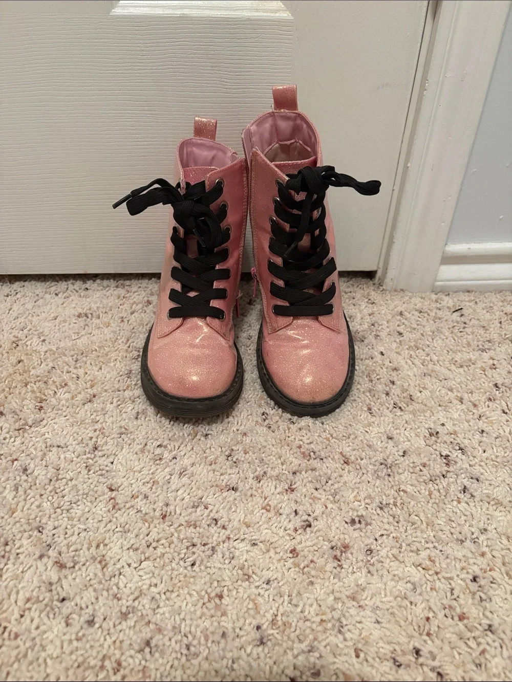 Girls Glitter Lace-Up Pink Ankle Boots
